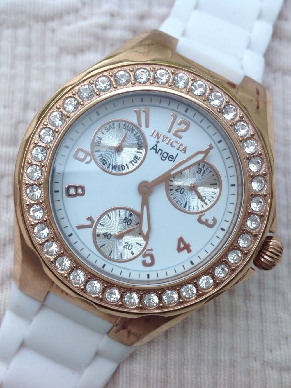 Invicta Angel Ladies Watch Rose Gold, Complications, White Band